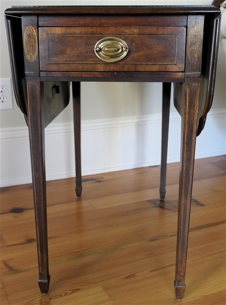 Heritage "Pembroke "Fine Mahogany Drop Side End Table with Single Drawer - Inlaid Design on Top - Brass Hardware - String Inlay on Legs- Table Measures 25" tall 26" by 16"