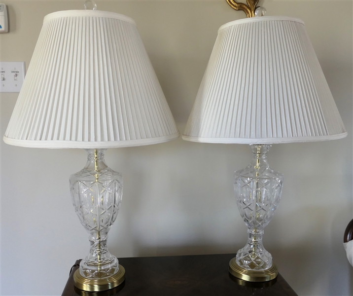 Pair of Beautiful Crystal Table Lamps with Brass Fittings - Nice Pleated Shades - Lamps Measure 20 1/2" to Bulb