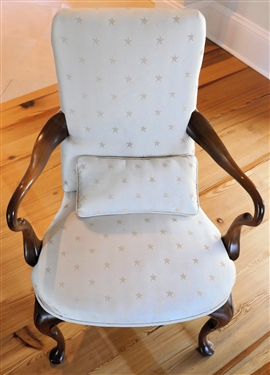 Queen Anne Style Arm Chair with Pretty Cream Star Upholstery - Queen Anne Style Padded Foot - Sturdy Wood Arms - Chair Measures 35 tall 24 Arm to Arm