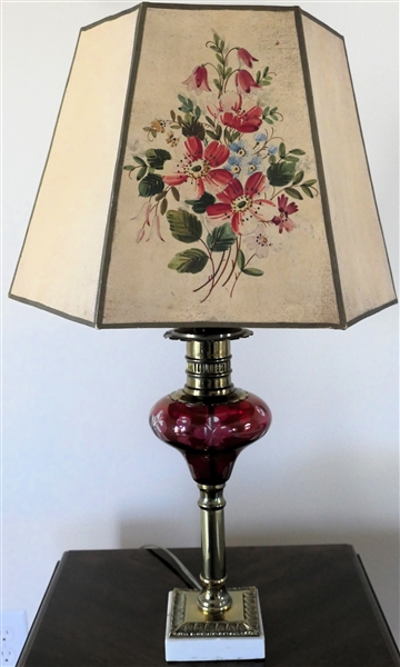 Cranberry Glass Table Lamp with Brass Fittings - Marble Base - Floral Shade - Lamp Measures 17" tall 