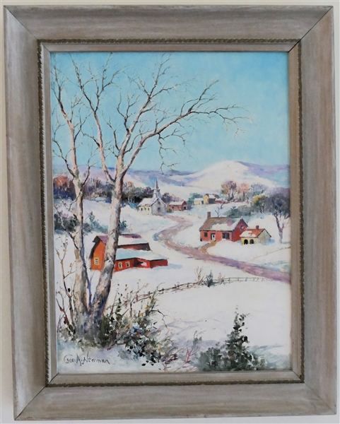 Winter Scene Oil on Board Painting by Artist George A Newman - Signed by Artist in Lower Left Corner - Painting is Framed -F Frame Measures 19 3/4" by 15 1/2" 