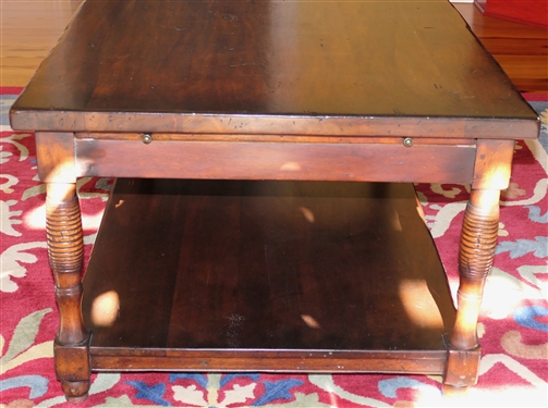 Morgan Hill Walnut 2 Tier Cocktail Table with Pull Out Trays on Each End - Table Measures 21 tall 48 by 30 