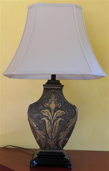 Fine Embossed Metal Table Lamp - Heavy Lamp with Dark Wood Base - Attractive Shade - Lamp Measures 20" To Blub