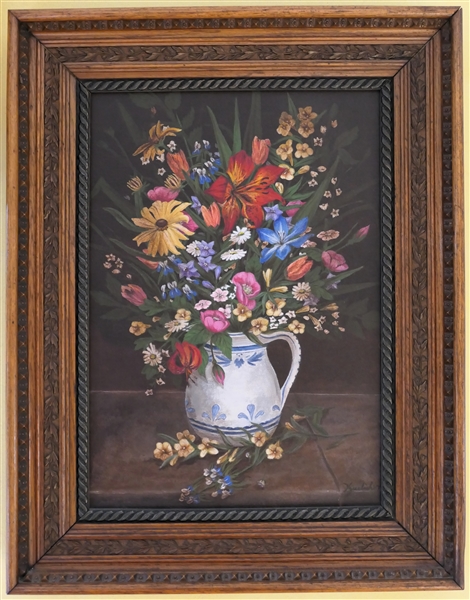 Pretty Floral Print on Canvas in Very Nice Oak Frame - Frame Measures 26 1/2" by 21 3/4" 