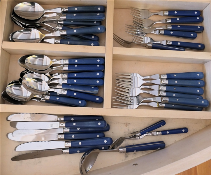 45 Pieces of Lillian Vernon Blue Handled Flatware - 18/8 Stainless Steel with Blue Handles