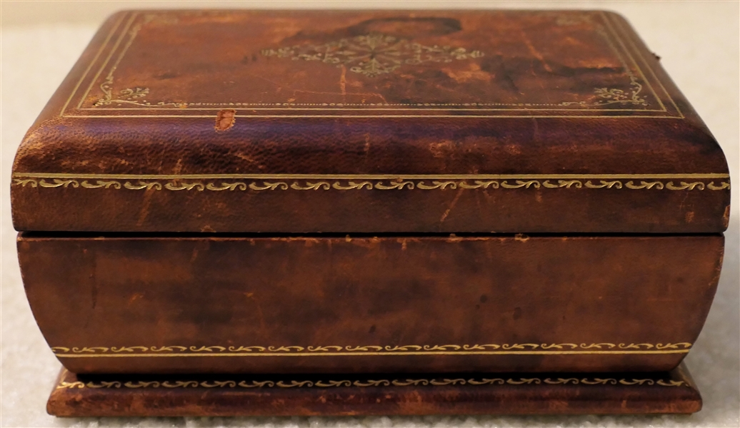 Nice Leather Wrapped Dresser Box - Rich Brown Leather with Gold Details - Box Measures 3 "tall 6 1/4" by 4" 