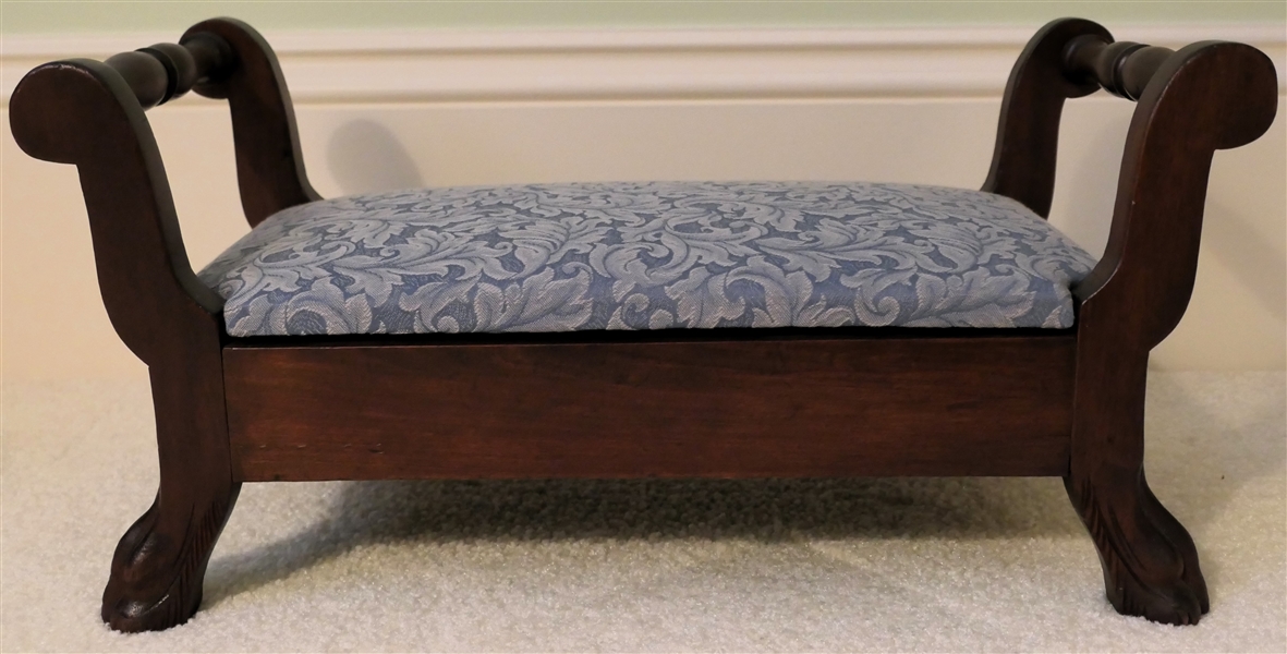 Mahogany Claw Foot  Stool with Blue Brocade Upholstery - Stool Measures 9" tall 19" by 10" 