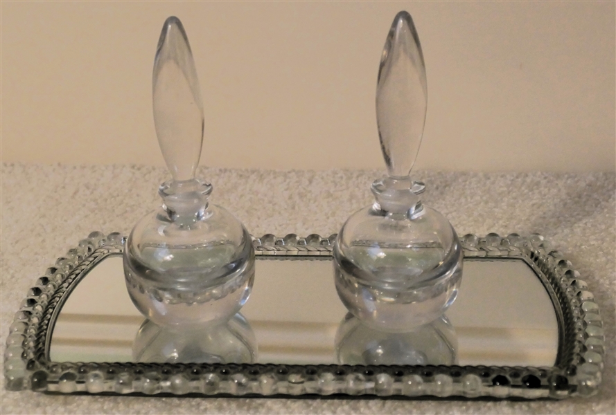 Glass Dresser Tray with 2 Glass Perfume Bottles - Tray Measures 7" by 12"  - Perfume Bottles Measure 6 1/2" Tall 