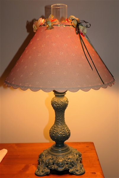 Green Metal Oil Lamp Style Table Lamp - Reticulated Base - Glass Chimney with Pierced Paper Shade