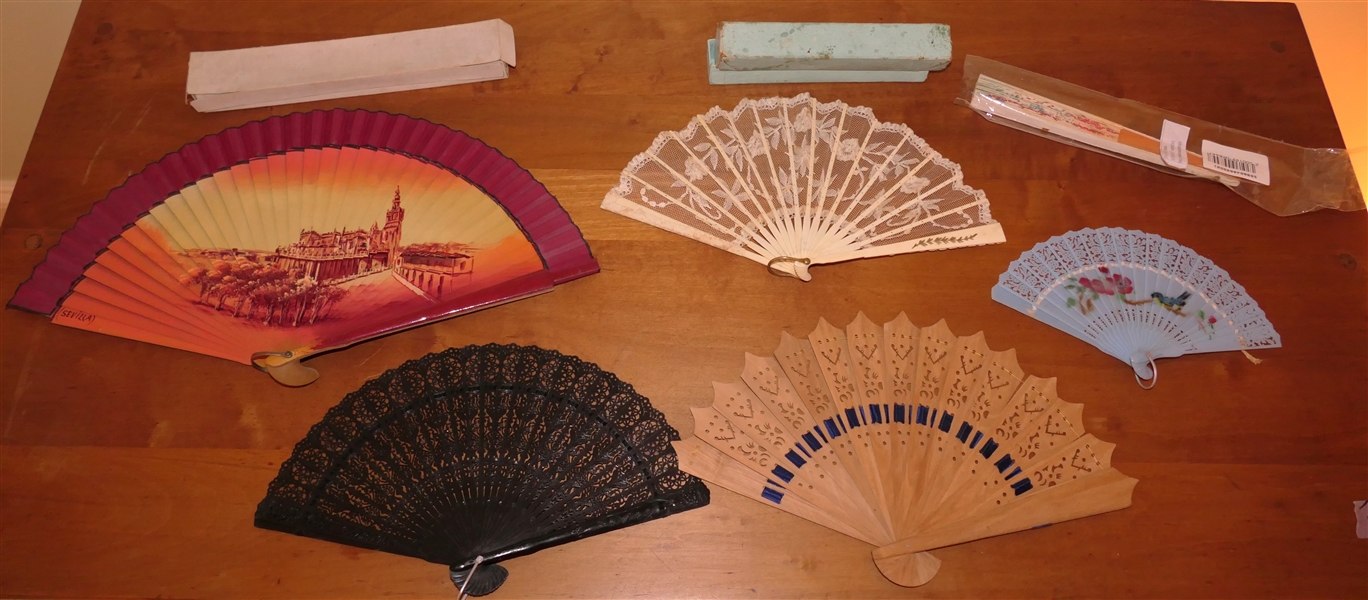 Collection of 6 Vintage Hand Fans - Bamboo, Lace, Pierced Black Plastic, and Others 