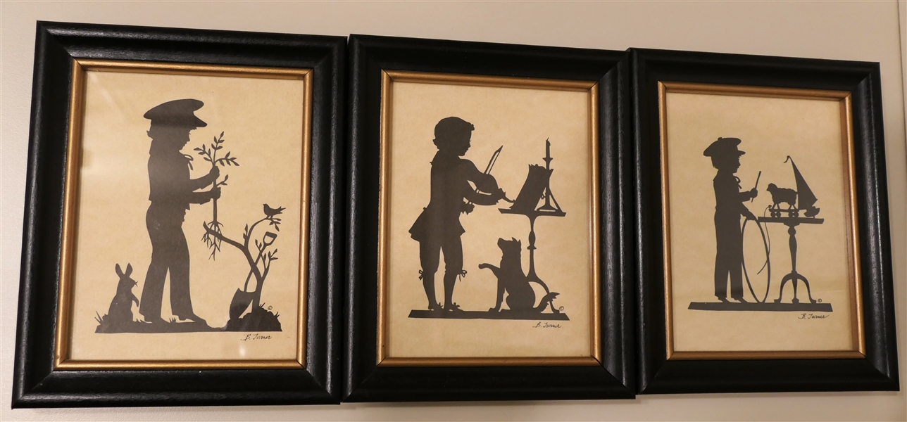 3 B.  Turner Silhouettes - Little Boy with Toys, Playing Music with Dog, and Gardening with Rabbit - Each Frame Measures 6 5/8" by 5 3/8"