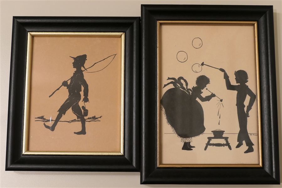 2 Framed Silhouettes -Artist Signed with Boy and Girl Blowing Bubbles and Boy Fishing - Fishing Frame Measures 6 1/8" by  5 1/8"