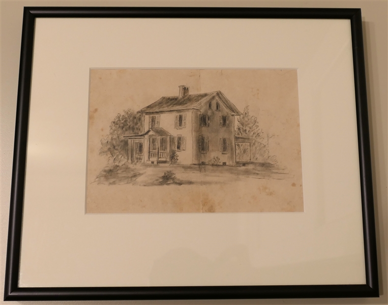 Pencil Drawing of Home House - Framed and Matted - Frame measures 9" by 11" 