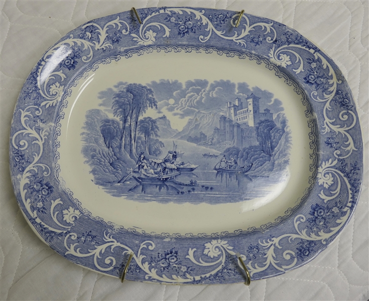 1850s "Rhine" Blue Transferware Platter with River Scene - Platter Measures 14" by 17" 