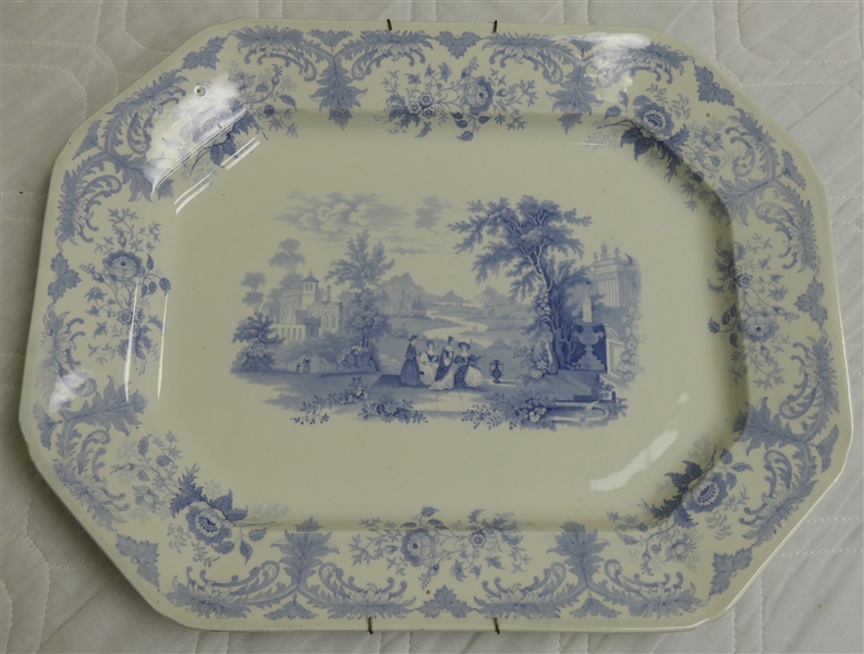 Hexagon Shaped Blue Transferware Platter with Ladies in Garden Scene - Platter Measures 13 3/4" by 17 3/4" 