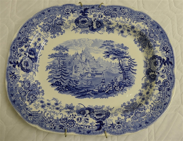 "Swiss Scenery" Blue Transferware Platter - Fluted Edges - Platter Measures 14 1/4" by 18 1/8" 