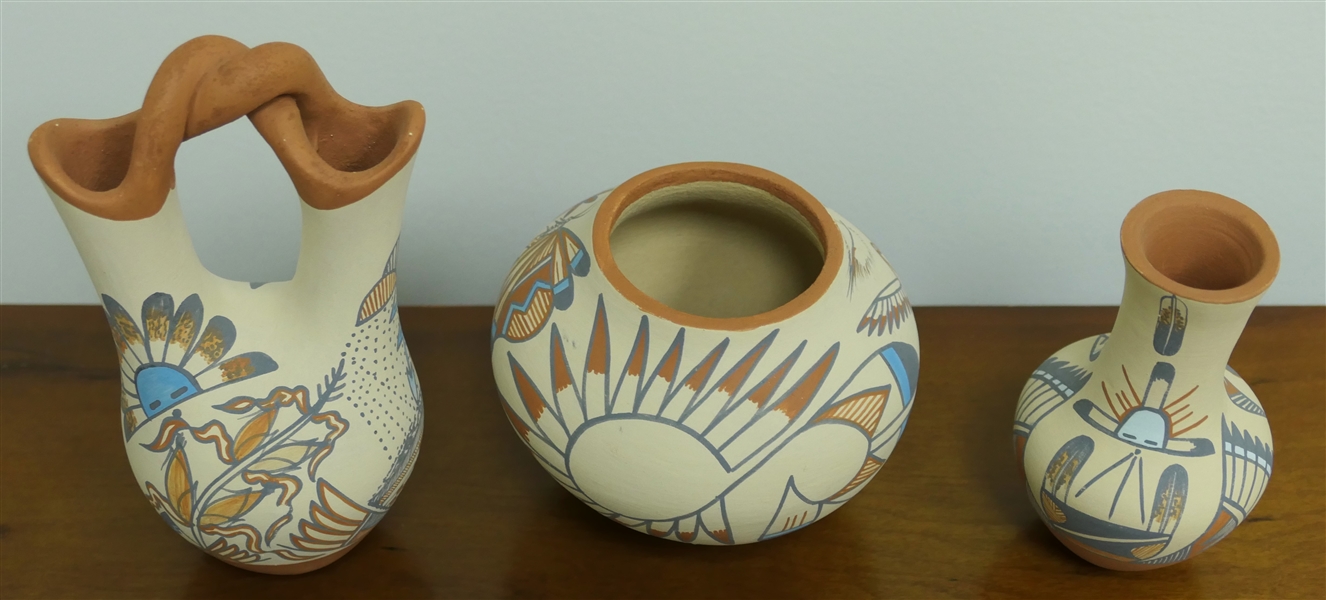 3 Pieces of New Mexico Pueblo Art Pottery - 2 - "Inner Strength" and 1 - "Pollination" = All by Cyndee & Brophy - Tallest Piece with Double Spouts Measures 5 1/2" Tall 