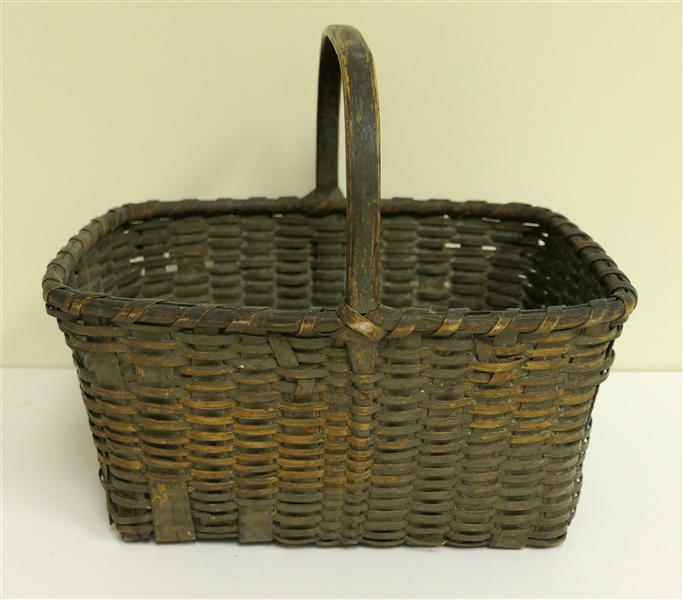 Antique Oak Splint Basket - Rectangular Shape - Basket Measures 5" Tall 10" by 8 3/4" - Not Including Handle 