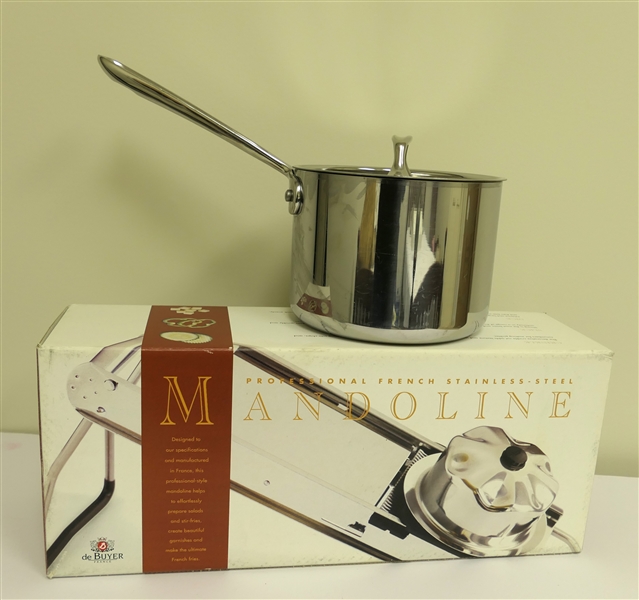 Williams Sonoma Professional French Stainless Steel Mandolin - Like New in Original Box and All Clad Stainless Steel Pot - Pot Measures 6" Across