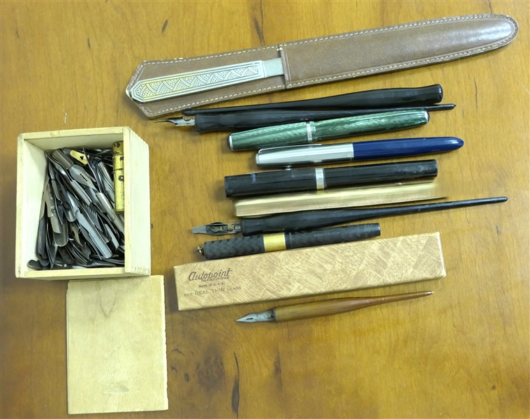 Collection of Vintage Pens - Green Easterbrook, Watermans Brown Bakelite, Navy Blue Parker, Black Schaffer, 3 Quill Pens, Box of Nibs, and Letter Opener 