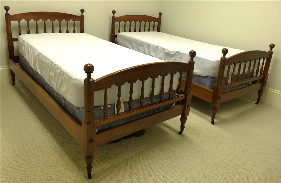 Pair of Nice Walnut Twin Beds with Wood Rails - Bedding Included 