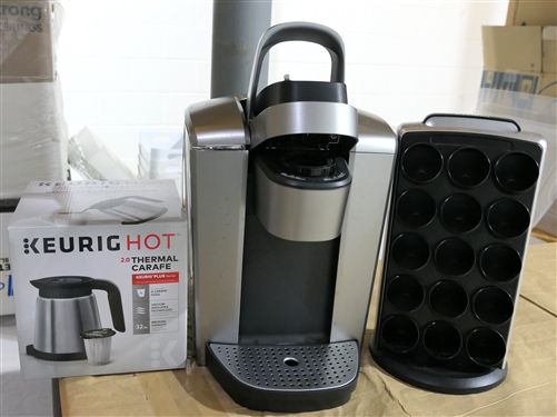 Keurig Coffee Maker with Iced Coffee Feature, Keurig Hot Thermal Carafe, and Keurig Pod  Holder - All Like New