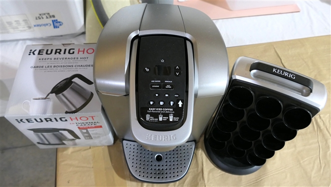 Keurig Coffee Maker with Iced Coffee Feature, Keurig Hot Thermal Carafe, and Keurig Pod  Holder - All Like New