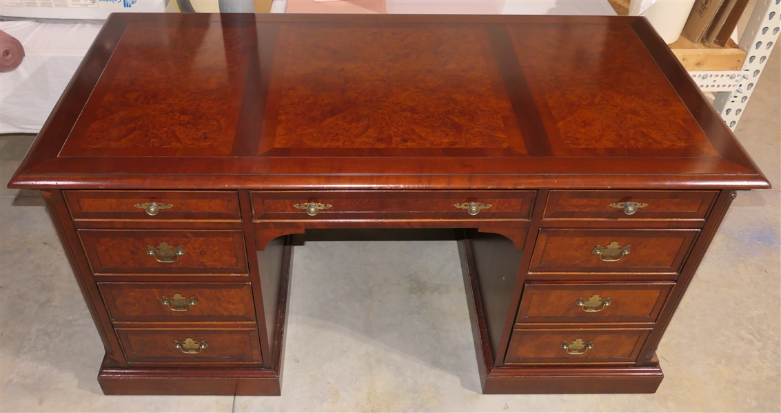 Heckman Furniture Executive Desk  -Cherry with Yew and Cluster Maple Burl Inlay - Center Drawer Flanked with Smaller Drawers and File Drawer - Desk Measures 30" tall 60" by 30" - With Glass Top -...