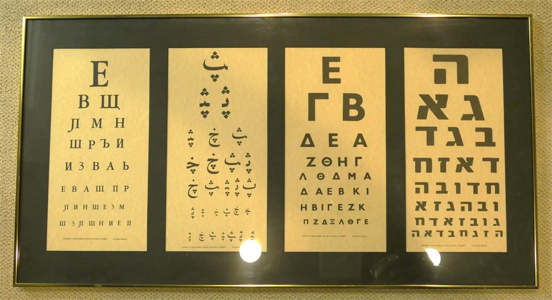 Eye Charts in Russian, Greek, Arabic, and Hebrew - Framed and Matted - Frame Measures 21" by 30 3/4"