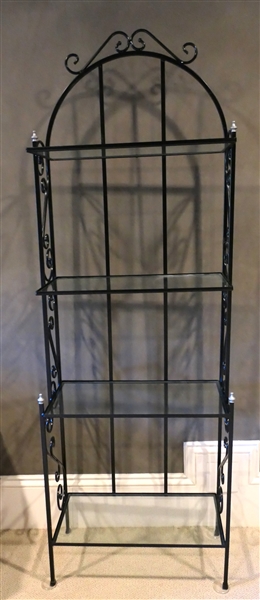 Black Iron Etagere with Glass Shelves - Scrolled Sides - Stand Measures 72" tall 24" by 12" 