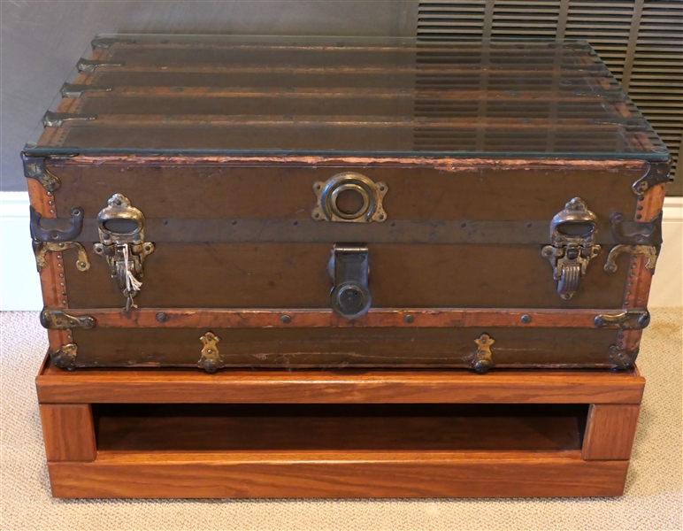 Fine Trunk with Original Labels - Leather Corners and Leather Strap Handles - On Nice Oak Base - with Storage Underneath - Stand Rolls - Glass Top - Straps Inside - Trunk with Original Lock and Key...