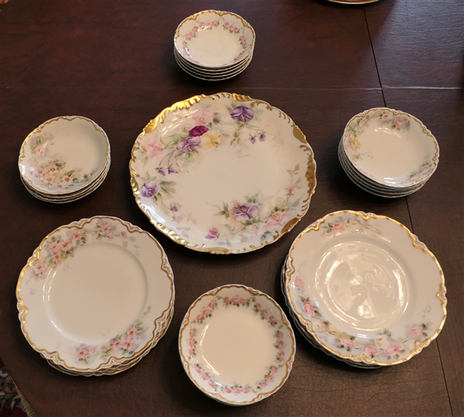 27 Pieces of Hand Painted Porcelain - Haviland Berry Bowls and Plates and T.V. Limoges France Round Platter Measuring 11 1/2" Across