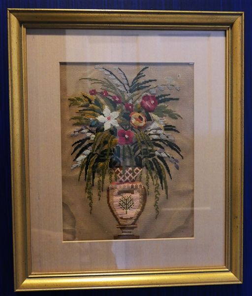 Beautiful Needlework Urn of Flowers - Framed and Matted - Frame Measures 17 1/4" by 14 3/4" 