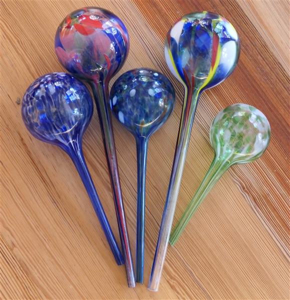 5 Art Glass Watering Balls - Largest Measures 14" Long