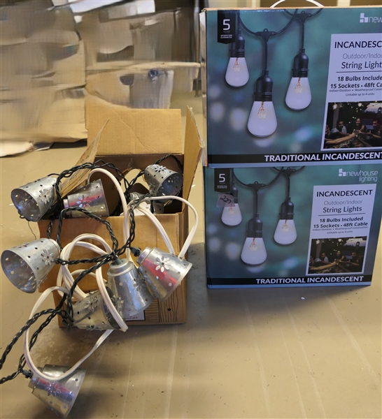 2 New Boxes of Incandescent String Lights - 15 Sockets Per Strand 48ft and Box of Garden Lights 