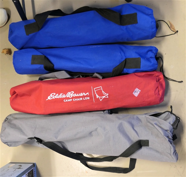 4 Folding Camp Chairs - 2 Blue, Red Eddie Bauer, and Gray Chair 