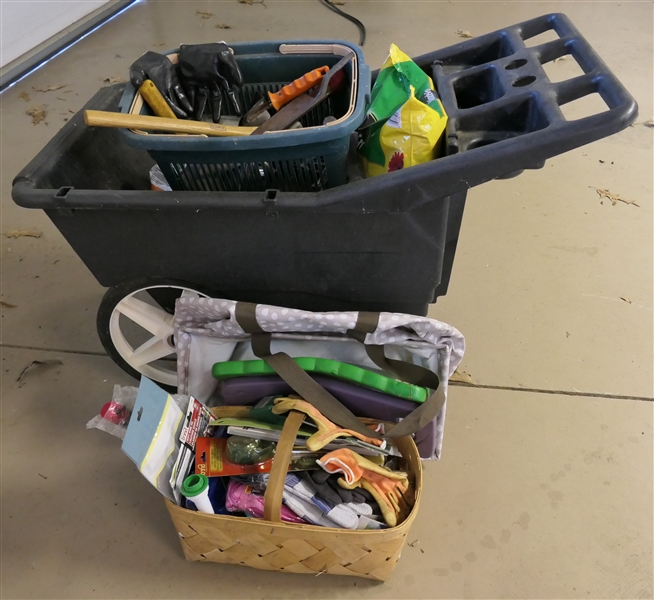 Sturdy Garden Wheel Barrow with Gardening Hand Tools, Dirt, Fertilizer, Globes, and Kneeling Pads