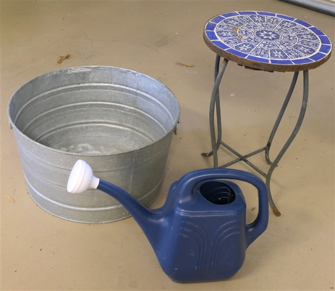 20" Galvanized Tub, Plastic Watering Can, and Metal Table with Blue and White Mosaic Tile Top 