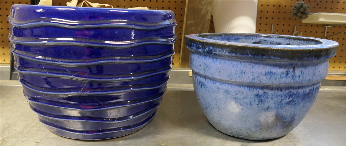 2 Nice Cobalt Blue Planters - Largest with Wavy Lines Measures 9 1/2" Tall 12" Across