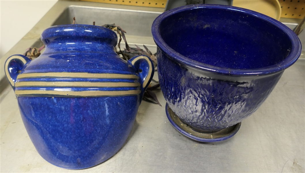 2 Nice Blue Planters - Wall Mounted and Cobalt Blue with Attached Underplate - Measures 8" tall 9" Across