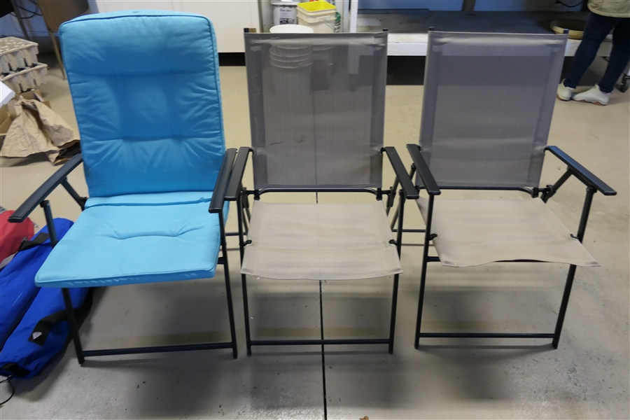 3 Nice Folding Patio Chairs - 2 Tan and 1 Blue 