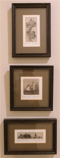 3 Wood Block Prints by Artist Ed Gilford - Artist Signed - "Mail Pouch" "Millers Place" and " Waiting For Mom" - Waiting Measures 5 1/4" by 8" 