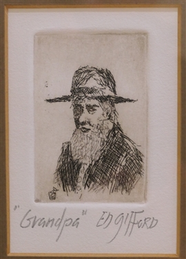Grandpa Wood Block Print by Ed Gilford and Beyond Buxton Artist Signed and Numbered Print 95/100 - Framed and Matted - Frame Measures 7 by 11 1/2