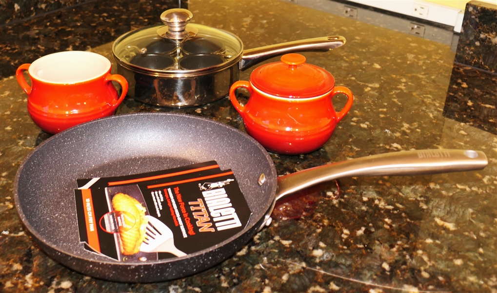 Bialetti Titan 10" Frying Pan, Egg Poacher with Lid, and 2 Individual Red Le Creuset Pots - 1 With Lid 