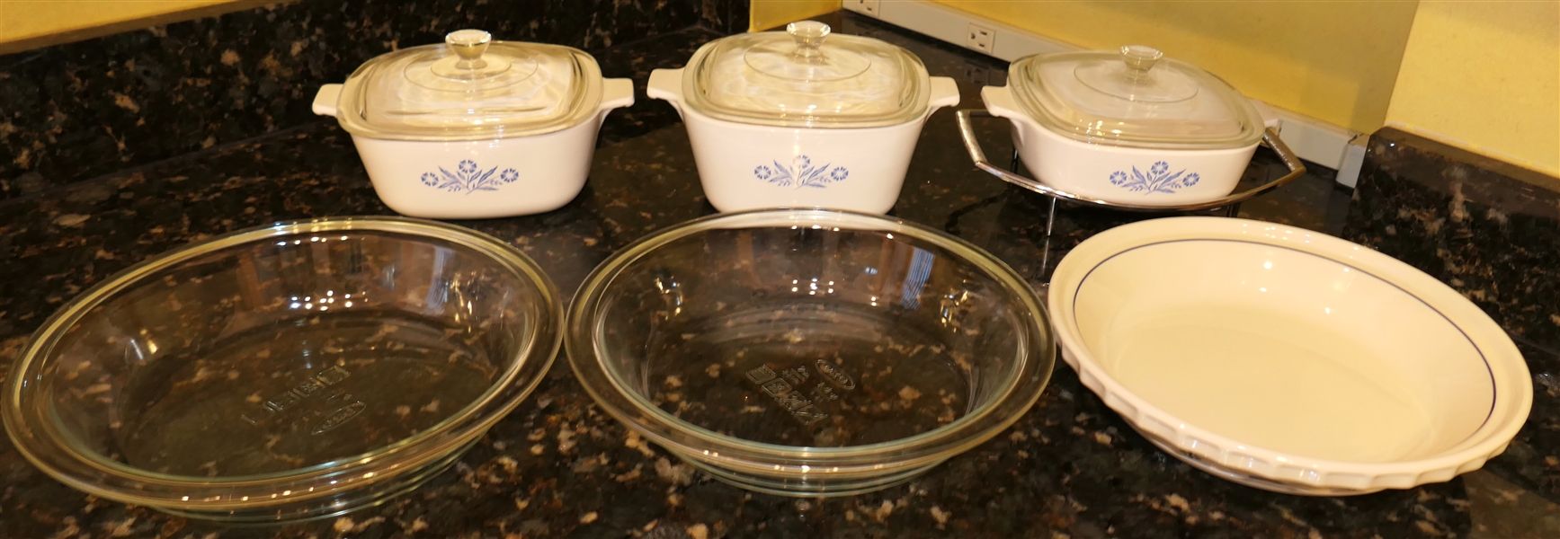 3 Corningware "Cornflower Blue" Casserole Dishes with Lids, 1 With Stand, and 3 Pie Plates 