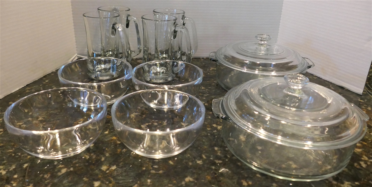 2 Clear Glass Casserole Dishes with Lids, 4 Glass Cereal Bowls, and 4 Glass Mugs 