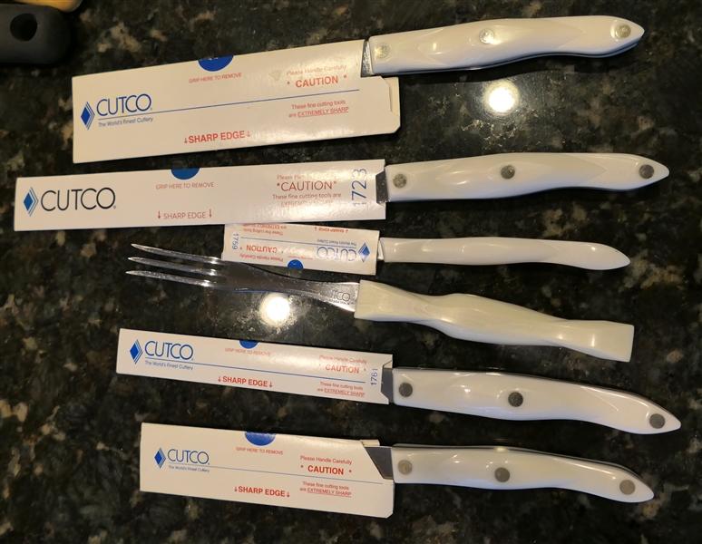 6 Cutco Knives with White Handles - Numbers 1764-KN, 1761 KW, 1726 JB, 1759 KU, 1726 KJ, and 1766 KM