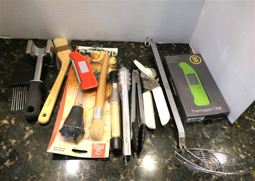 Lot of Kitchen / Grilling Tools - Thermo Works Meat Thermometer, Basting Set, Pampered Chef Can Opener, Meat Tenderizer, Tongs, and Strainer