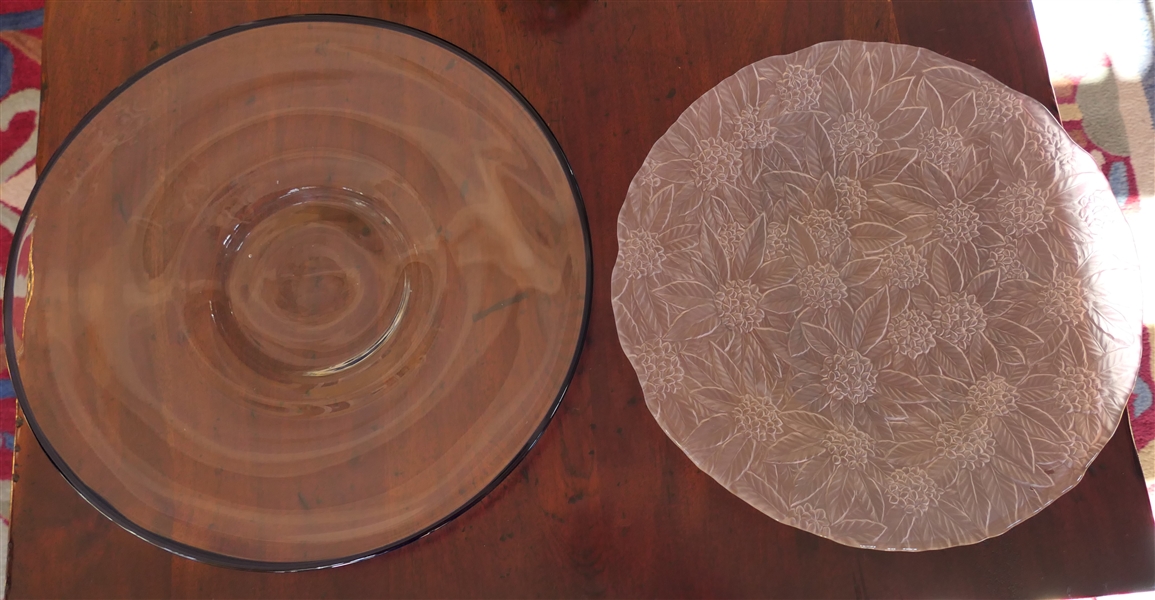 2 Nice Glass Platters - Art Glass with Cobalt Blue Rim and Glass with Poinsettia Motif