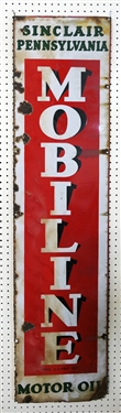 Mobiline Motor Oil - Sinclair Pennsylvania - Porcelain Enamel Sign - Some Enamel Loss - See Photos - Sign is 60" by 15" 